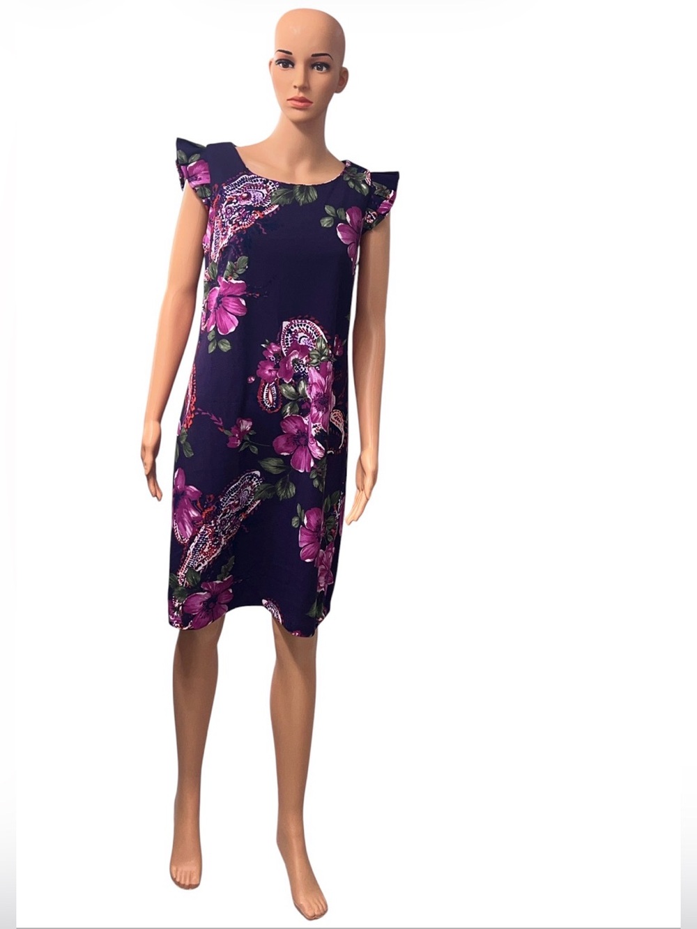 Shelby & Palmer women Purple Floral Flutter-polyester Sleeve Dress